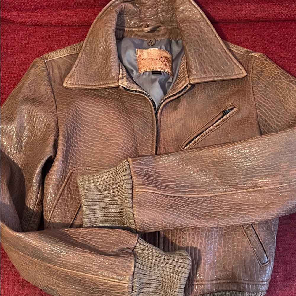 Textured Brown Leather Jacket with Ribbed Cuffs